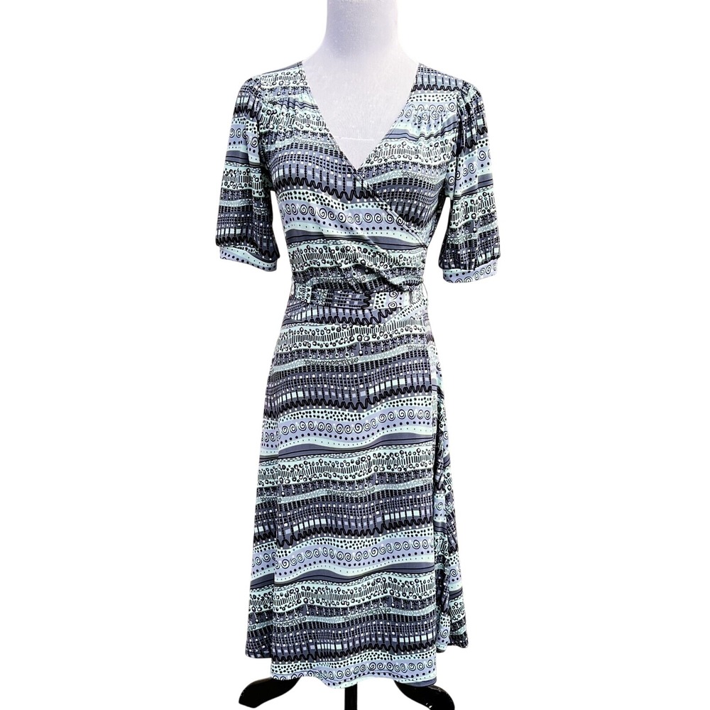 B Moss Vtg Dress Faux Wrap Abstract Stripe Gray Green Stretch Boho Chic Office - Picture 5 of 9